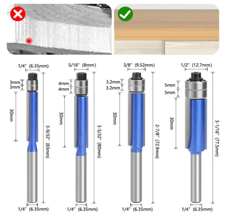Biaxial Trimming Tool, 4pcs Shank Flush Trim Router Bit Set,Industrial Grade Cutting Tools for Woodworking, Self Centering Drill Bit, Router Templates for Trim Shelf Edging Drawer (1set 1/4)