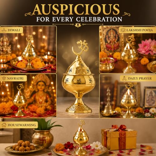 Image of Brass Pooja Diya with Om Top | Traditional Akhand Jyot Deepam, Temple Decor & Diwali Decoration, Brass Oil Lamp, 4.5 x 3 x 3 cm