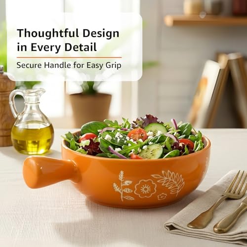 Image of Amazon Basics Mandala Ceramic Snack Bowl with Handle (600 ml) - Microwave & Dishwasher Safe Serving Bowl - Ideal for Soup, Curries, Salad & Noodles (Yellow)