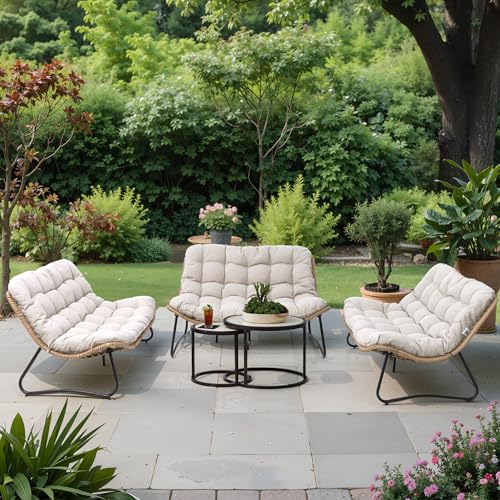 Crestlive Products Outdoor Loveseat 3PCS, Outdoor Sofa Set, All-Weather Boho Rattan Patio Furniture with Soft Cushion for Balcony, Poolside, Backyard (Without Table)
