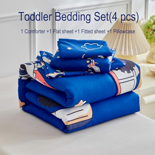 Image of Construction Toddler Bedding Set for Boys,4 Pieces Blue Toddler Comforter Set,Truck Vehicles Excavator Cars Printed,Soft Crib Bed Sheets Set Includes Comforter,Flat Sheet,Fitted Sheet and Pillowcase