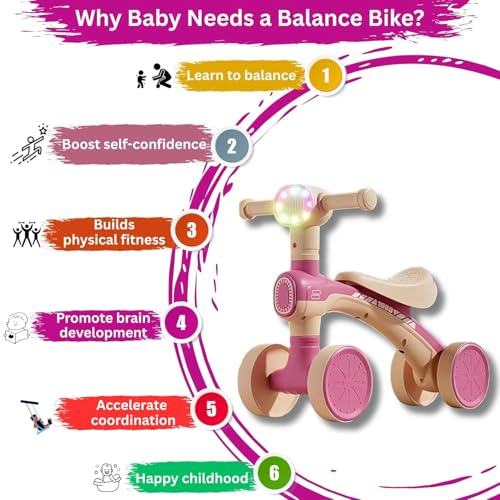 Image of Mini Bloom First Balancing Bike for Kids | No Pedal Manual Push Bike | Musical Balance Bike with LED Light | Suitable for 1-3 Years | Max Capacity 20kg (Pink (KB-157))