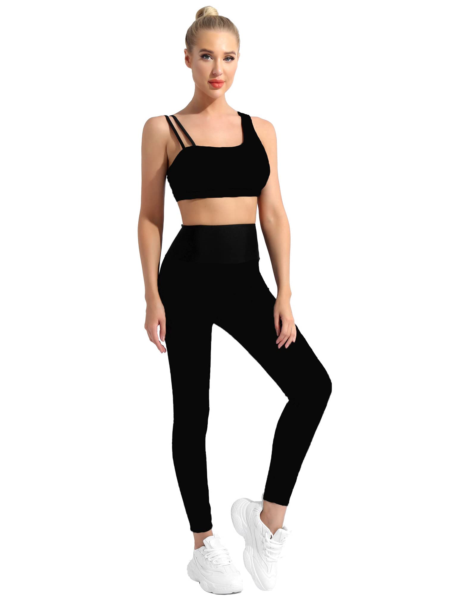 Moily Womens 2Pcs Workout Set Activewear Asymmetric Strap Sports Bra with Yoga Legging Tracksuit