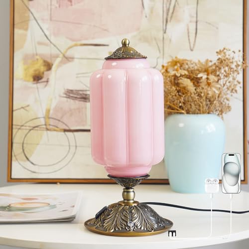 YESIDS Vintage Pink Milk Glass Touch Bedside Lamp, 3-Way Dimmer, USB-C+A