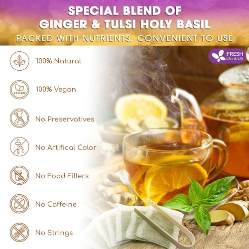 Image of FreshDrinkUS, Premium 75 Ginger Tulsi Tea Bags, 100% Natural, Hand-made Blend of Ginger and Tulsi Holy Basil Leaves, Eco-conscious Tea Bags. Herbal Tea. No Sugar, No Caffeine, Vegan.