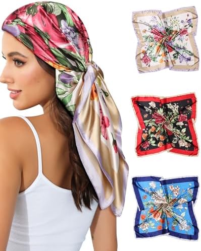 AWAYTR 35” Satin Head Scarf for Women 3Pcs Silk Scarf for Hair Scarf Satin Hair Bandana Women Headscarf Hair Wrap Scarf Neck (Red/Blue/Champagne)