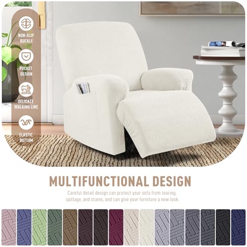 Image of KinCam Recliner Covers, Stretch Reclining Chair Covers, Recliner Sofa Slipcovers Stripe Jacquard Recliner Couch Covers Furniture Protector Covers for Pet Kid (1 Seater, Cream)
