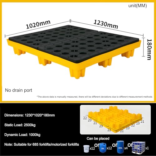 Plateforme de rétention modulaire anti-fuite pour fûts d'huile, avec bac de drainage intégré, idéale pour les entrepôts et les usines. Cette plateforme de stockage industrielle de 130 × 68 ×