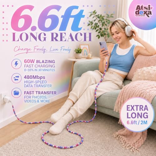 Image of 4-in-1 Beaded Charging Cable, MFi Certified, Works with CarPlay, 6.6FT 60W Fast Charger Cord for iPhone 17 /16 /15 /14 /13 /12 /11, iPad, Samsung, Android and More (Berry Galaxy)