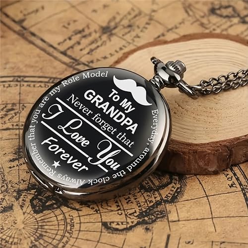 Image of Vintage Gandhi Style Pocket Watch with Engraved Designs & Messages Royal Black Analog for Men Women & Kids Includes Key Ring for car or Bike Keys Ideal Gift