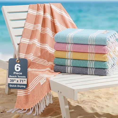Casa Platino 6 Pack Bulk Beach Towel Set Turkish Pool Towels Lightweight Pre-Washed Sand-Free & Absorbent Ideal for Beach or Poolside Use 39x71 Coastal Carnival