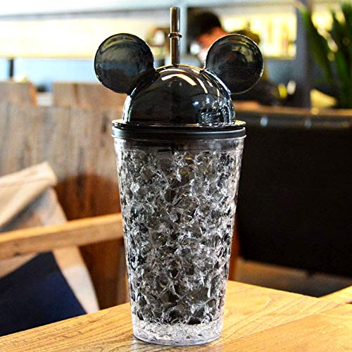 KTKT AYSMG 450ml Leak Proof Double Layer AS-Made Beverage Cute Bottle with Cap And Straw for Summer Day (Color : Black)