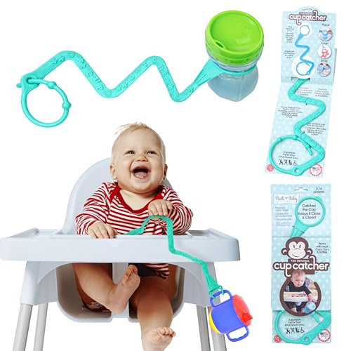 Image of Brilli Baby Cup Catcher Patented Safety Tether Strap, Attach Sippy Cups, Bottles, Pacifiers & More to Stroller, High Chair, Car Seat, Made in USA, Food Grade, Dishwasher Safe, Aqua