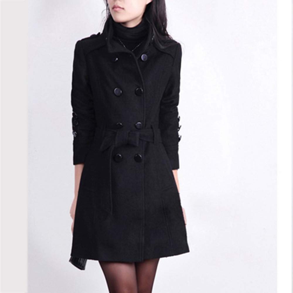 Generisch Damen Mantel Trenchcoat Elegant Schwarz Umlegekragen Wollmantel Zweireihiger Longsleeve Große Größen Winddichter Lang Winter Einfarbige Wintermantel Verstellbare Damenmantel
