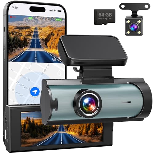 Dash Cam Auto Anteriore e Posteriore, WiFi 1080P con Scheda SD 64GB Inclusa, Doppia Telecamera, Display IPS 3