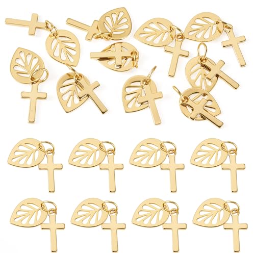 Image of 10Pcs 18K Gold Plated Cross Charms Brass Golden Crucifix with Leaf Pendants Permant Metal Jewelry Charms with Jump Ring for DIY Bracelet Necklace Earring Jewelry Making