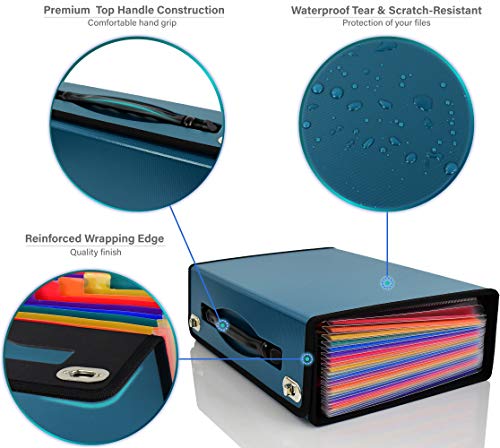 CNK Organizador de arquivos sanfonado – Pasta azul-petróleo com 36 bolsos com alça ergonômica, fivel