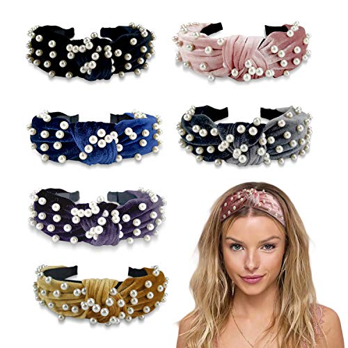 Pearl Headband for Women - 6 Pack Knot Headband with Pearls Wide Headbands Turban Velvet Pearl Headbands for Women and Girls