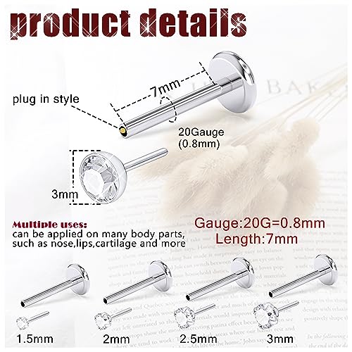 Prjndjw 18G 20G 16G Push in Threadless Nose Rings Stud Earrings Hypoallergenic Flat Back Surgical Stainless Steel Cubic Zircon Helix/Cartilage/Tragus/Lobe Earrings Lip Labret Snake Bite Jewelry4