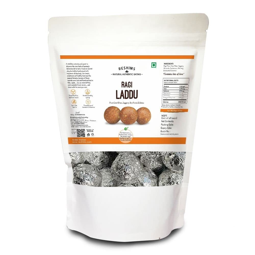 Reshims - Healthy Ragi Laddu | Contains Cow-Ghee and Jaggery | No Flavours or Preservatives added | Foil wrapped for greater freshness (760 Gms)