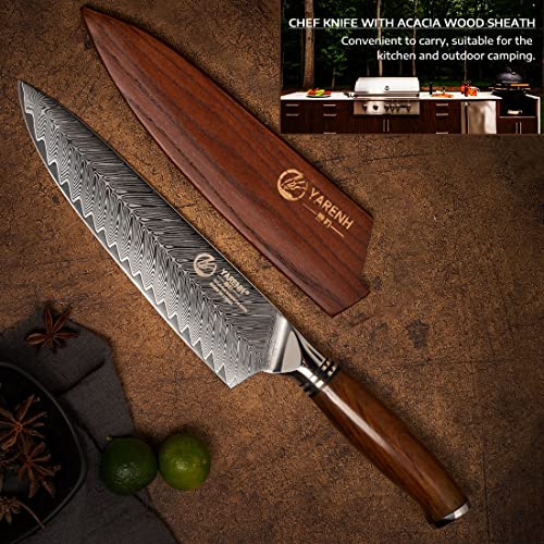 YARENH Damascus Chef Knife 8 Inch with Sheath, Professional Kitchen Knife, 73 Layers Damascus High Carbon Steel, Full Tang Sandalwood Handle, FYW Series - Image 4