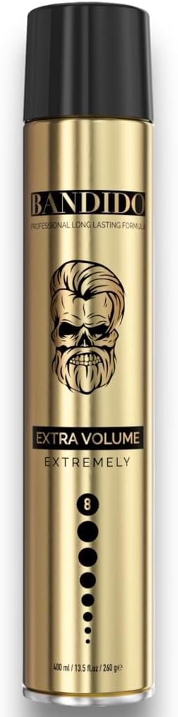 Bandido Haarspray extra volume, 400 ml, goud, haarspray voor heren, volume spray met sterke grip, extreme houdgraad 8, blijft tot 24 uur zitten en zonder te plakken