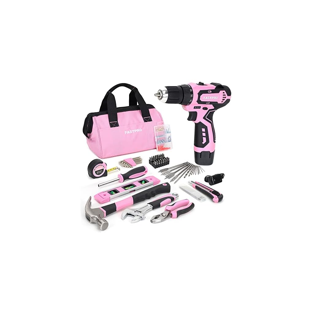 FASTPRO-175-Piece-12V-Pink-Drill-Set-Cordless-Lithium-ion-Drill-Driver-and-Home-Tool-Kit-House-Repairing-Tool-with-12-Inch-Storage-Tool-Bag-For-DIY-Home-Maintenance