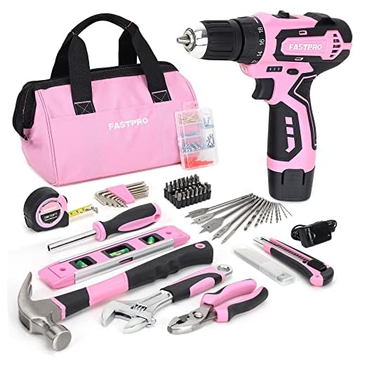 FASTPRO 175-Piece 12V Pink Drill Set, Cordless Lithium-ion Drill Driver and Home Tool Kit, House Repairing Tool with 12-Inch Storage Tool Bag, For DIY, Home Maintenance