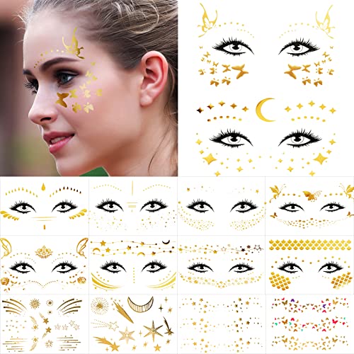 16 Sheets Face Tattoo Sticker and Freckle Sticker for Women, Face Metallic Temporary Tattoo Water Transfer Tattoo for Parties, Halloween Face Tattoos for Halloween Cosplay