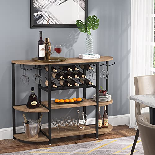 Tribesigns Wine Rack Table, 47 Inch Industrial Wine Bar Cabinet With Storage, Freestanding Floor Bar Cabinet For Liquor And Glasses For Home Kitchen Dining Room, Vintage Oak #TOP4