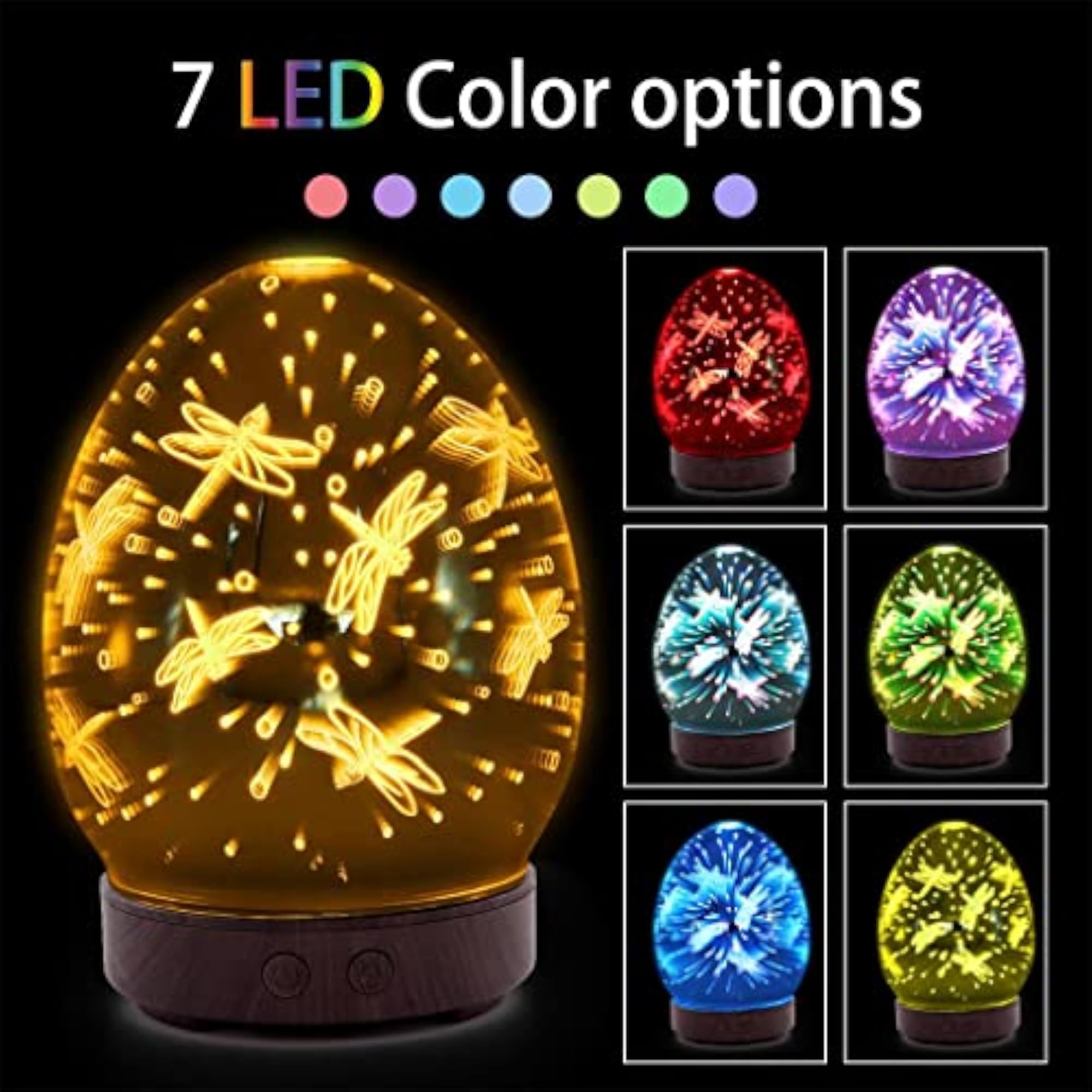 3D Light Glass Humidifier, Essential Diffuser with Dragonfly Design