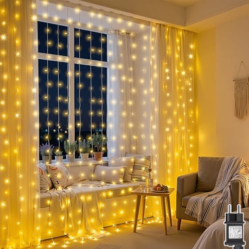 yowin Guirlande Lumineuse 3x3m 300 LED Rideau Lumineux Intérieur et Extérieur avec 8 Modes d'Éclairage et Timer, Rideau LED Étanche pour Décoration Mariage Chambre Salon Murale Esthétique Blanc Chaud