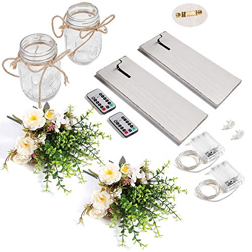 Rustic Wall Sconces Mason Jar Sconces Handmade Wall Art Hanging Design With Remote Control Led Fairy Lights And White Peony,Farmhouse Kitchen Decorations Wall Decor Living Room Vase Lights Set Of Two #TOP6