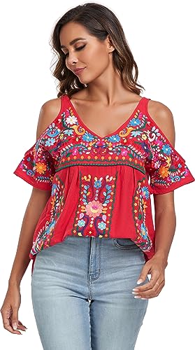 YZXDORWJ Women's Mexican Tops Cold Shoulder V Neck Sexy Blouse Short Sleeve Shirts Embroidered Floral Tunic4