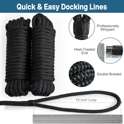 Image of 2 Pack 3 /4 inch x 20' Boat Dock Lines, Improved Double Braided Nylon Boat Ropes for Docking with 15 inch Loop, Hurricane-Resistant Grade Marine Rope for Sailboats,Pontoons,Fishing Boats, Black