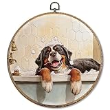 Sufamb Funny Bernese Mountain Bathroom Round Wall Art Decor, Bernese Mountain Dog Gifts Canvas Artwork Framed, Dog Mom Gifts Wall Hanging Prints Decorations for Bathroom Washroom Decor, 10x10 Inches