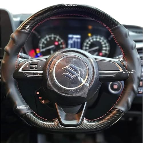 Image of Stitchable Carbon Fiber Steering Wheel Cover for Car - Leather Anti-Slip Grip, Universal Fit, Durable & Breathable Steering Wheel Protector, Easy Hand Stitch Install (Black with Red Stitch)
