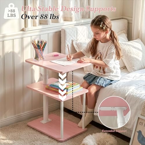 Image of Faesun Swivel Side Table for Couch Arm, Adjustable C End Table for Recliner or Bed, Tv Trays with Storage Shelf for Small Spaces Small Nightstand Table for Living Room, Bedroom,Pink