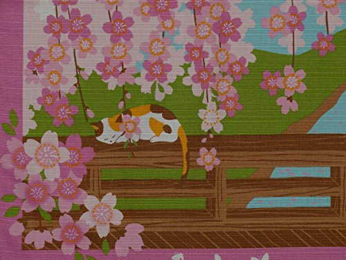 Image of Furoshiki Cat on Bridge with Cherry Blossoms Motif Japanese Fabric 50cm