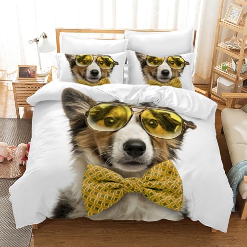 Leleyouzer Hund Bettwäsche Set, Hundemuster Bettwäsche für Jungen Mädchen Teenager, 1pc Mikrofaser Bettbezug mit Reißverschluss und 2pc Kissenbezug 50 x 75cm (D3, 135×200 cm)