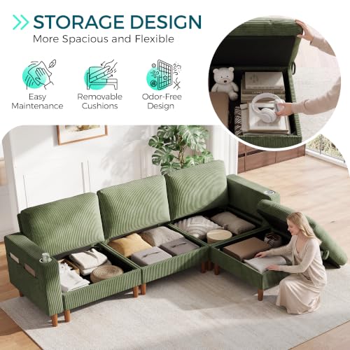 Image of LINSY HOME 110 inch Modular Sectional Sofa with Storage, 3-Seat Cloud Couch with 1 Movable Ottoman & 2 Pillows, Corduroy Deep Seat Sectional Couches for Living Room /Office /Bedroom, Green