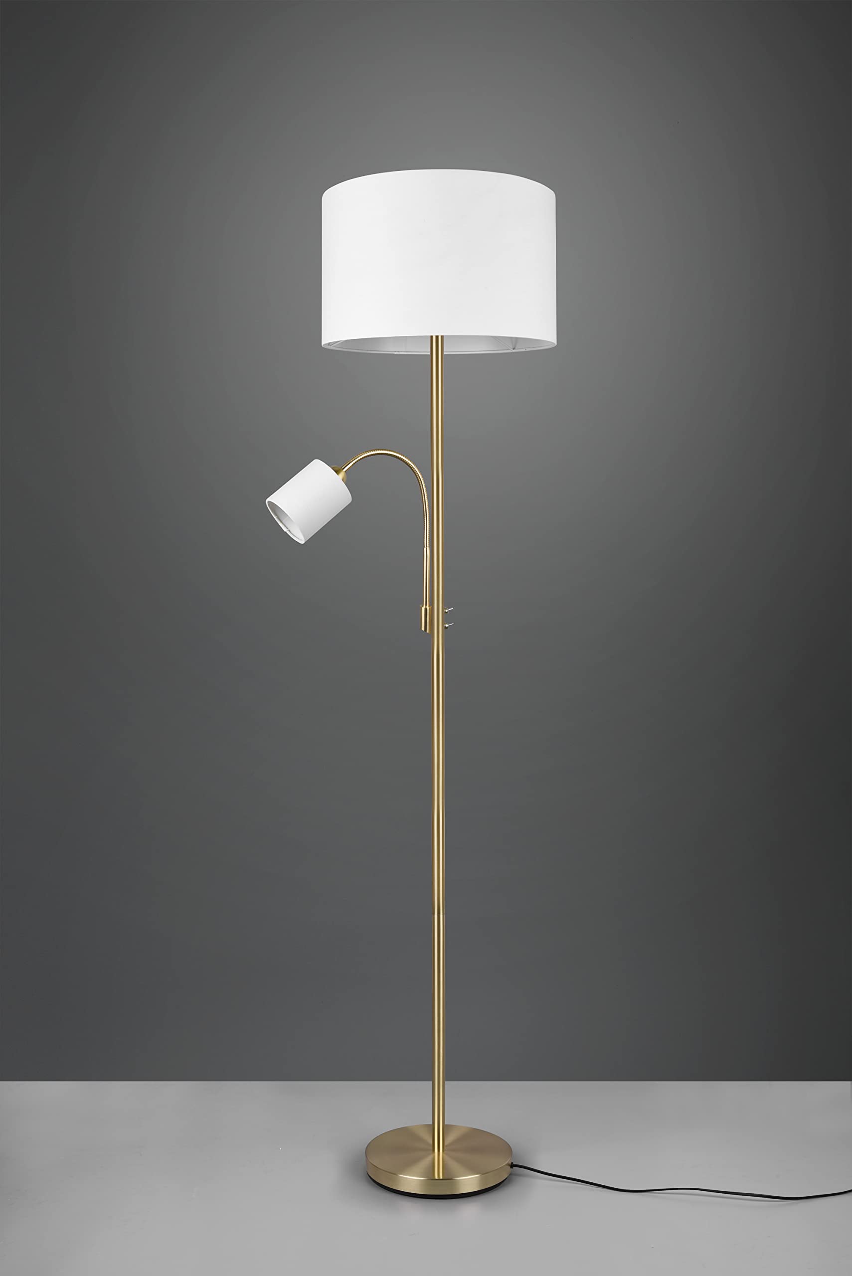 Trio Leuchten Lampa stojąca Hotel 403900208, metal mosiądz matowy, abażur z tkaniny kremowo-biały, bez żarówki 1 x E27 i 1 x E14, z przełącznikiem nożnym, przełączany oddzielnie