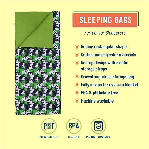 Image of Wildkin Kids Sleeping Bag - Roll-Up Design with Storage Bag for School, Travel & Camping - Green Camo