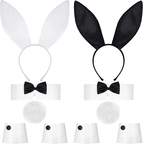 WILLBOND 10 unidades de disfraz de conejo para mujer, diadema de orejas de conejo, collar de conejo, corbatín con puños, cola de Halloween, cosplay