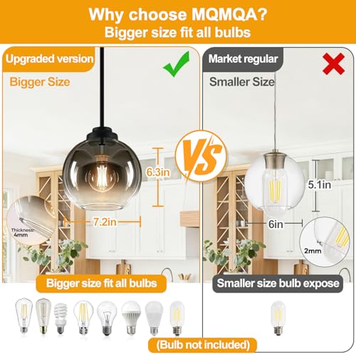 Image of MQMQA 2 Pack Globe Pendant Lights, Mid Century Pendant Light Fixtures, Globe Pendant Lights Kitchen Island with Gray Glass Shade Adjustable Hanging Fixture for Dining Room (Bulbs not Included)