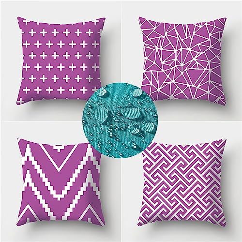 Morado Fundas Cojines Sofa 4 Piezas Doble Cara Geometría Funda Cojin Plaza Lino Cojines Decorativos con Cremallera Oculta Cojines Exterior Impermeable para Hogar Cama Funda Almohada 65x65cm JF-7116