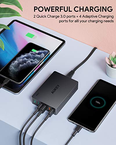 AUKEY Quick Charge 3.0 6-Port USB Wall Charger, 60W USB Charging Station Compatible with Samsung Galaxy Note10, iPhone 12 Pro Max/11 Pro Max/XS/XR, iPad Pro/Air, LG, Nexus, HTC and More