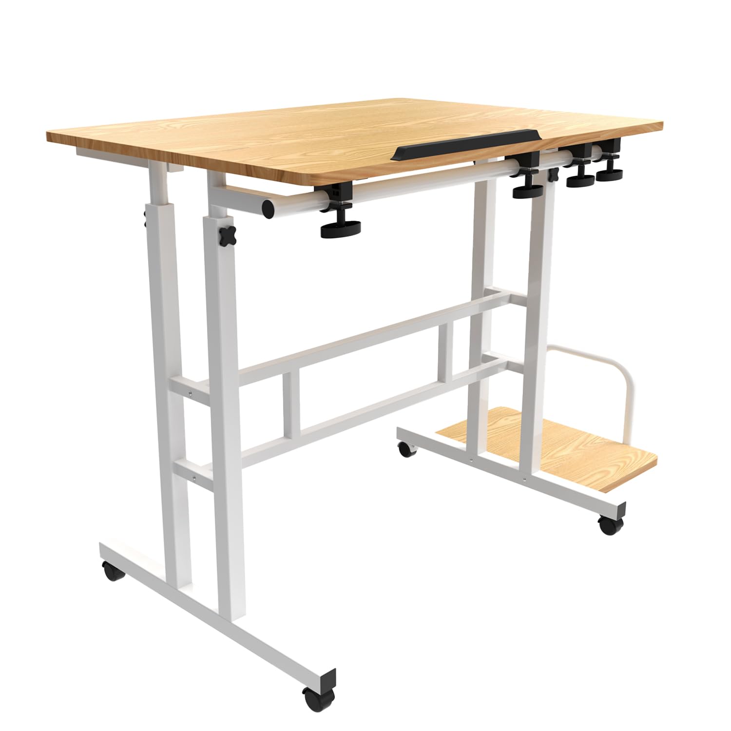 Maclean Regulowane biurko mobilne MC-124 na kółkach, uchylny blat 80x60 cm, regulowana wysokość 67-115 cm, nośność 50 kg, ergonomiczna półka boczna, do domu, biura, studia (Biały)