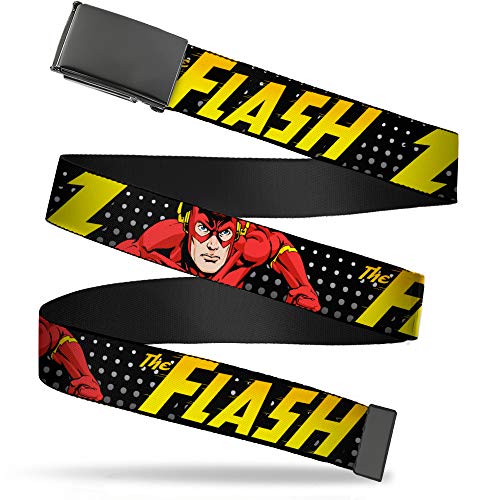 Belt Plain Clamp Buckle Flash Running Action Pose Lightning Bolt Black Grays Yellows 1.5 Inch Wide Fits up to Size 42