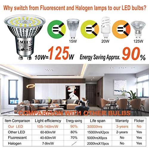 EACLL GU10 LED Bulbs 3-Step Dimmable 3-Brightness, 10W 6000K Cool White, Pack of 6, 940lm Equivalent 125W Halogen Spotlight - Image 3